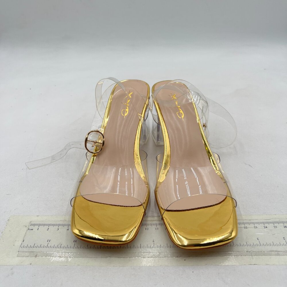 XYD Gold Clear Block Heel Open Toe Dressy Summer Transparent Ankle Strap Sandals - Picture 3 of 8